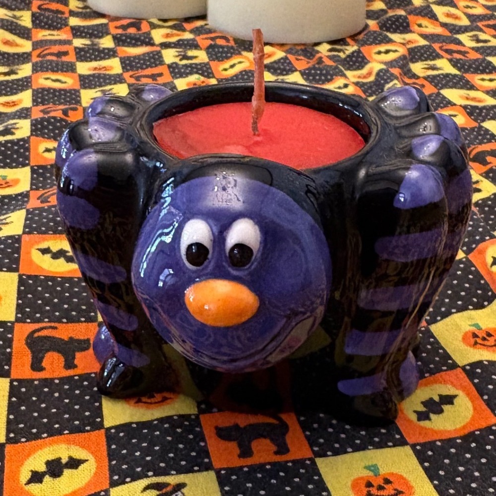 Halloween Spider Candle Holder Ceramic Black Purple Tarantula Decorative Spooky